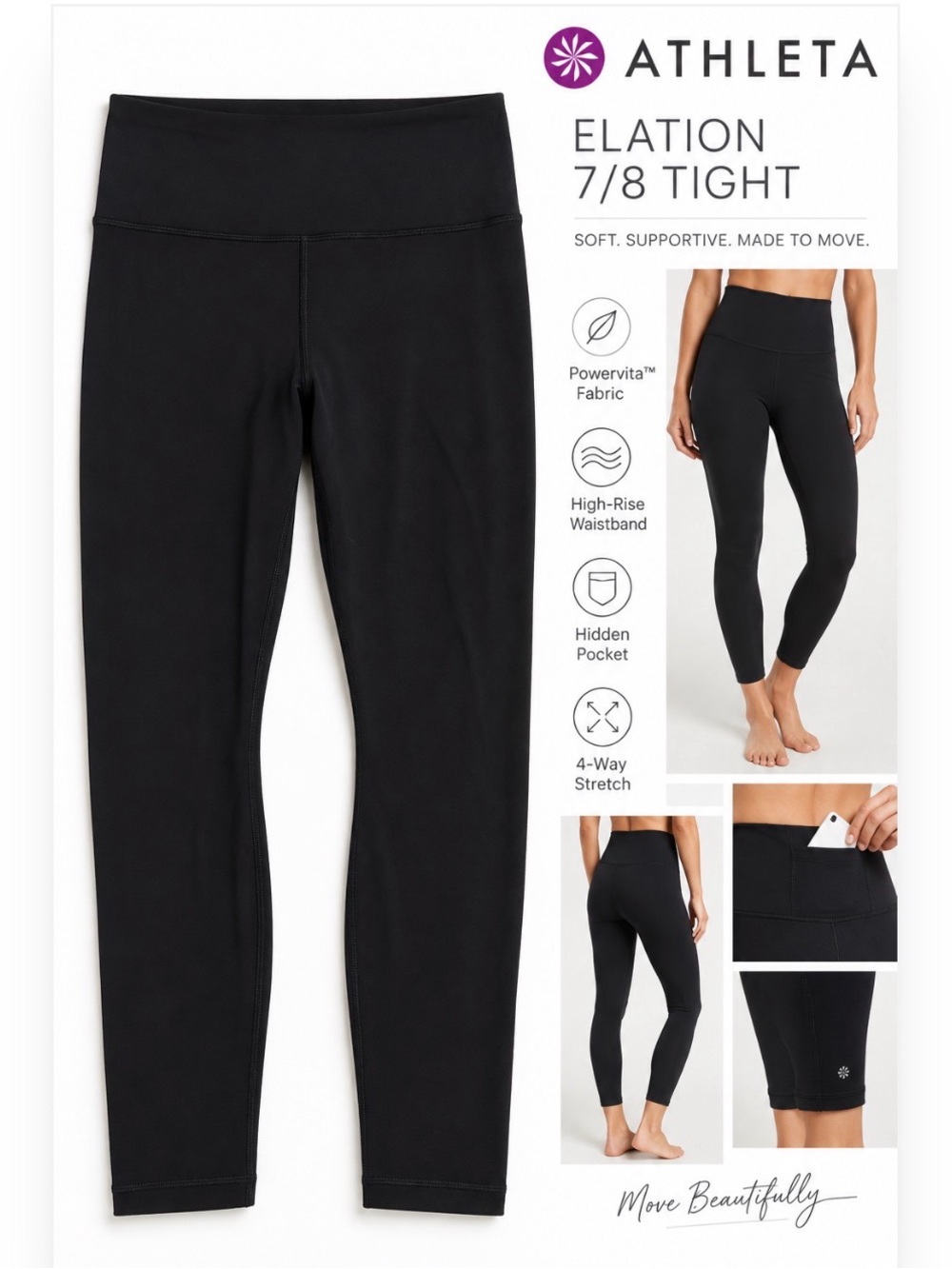 Athleta Elation 7/8 Tight Leggings M Black High Rise Powervita Yoga